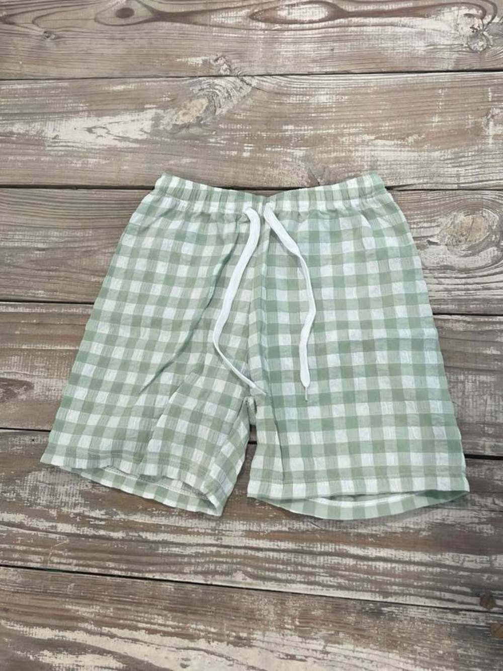 Boy’s Light Green Gingham Drawstring Swim Shorts